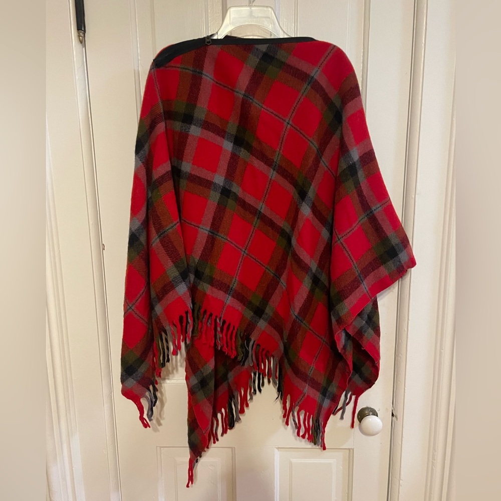 Cozy Red Plaid Fringe Poncho One Size
